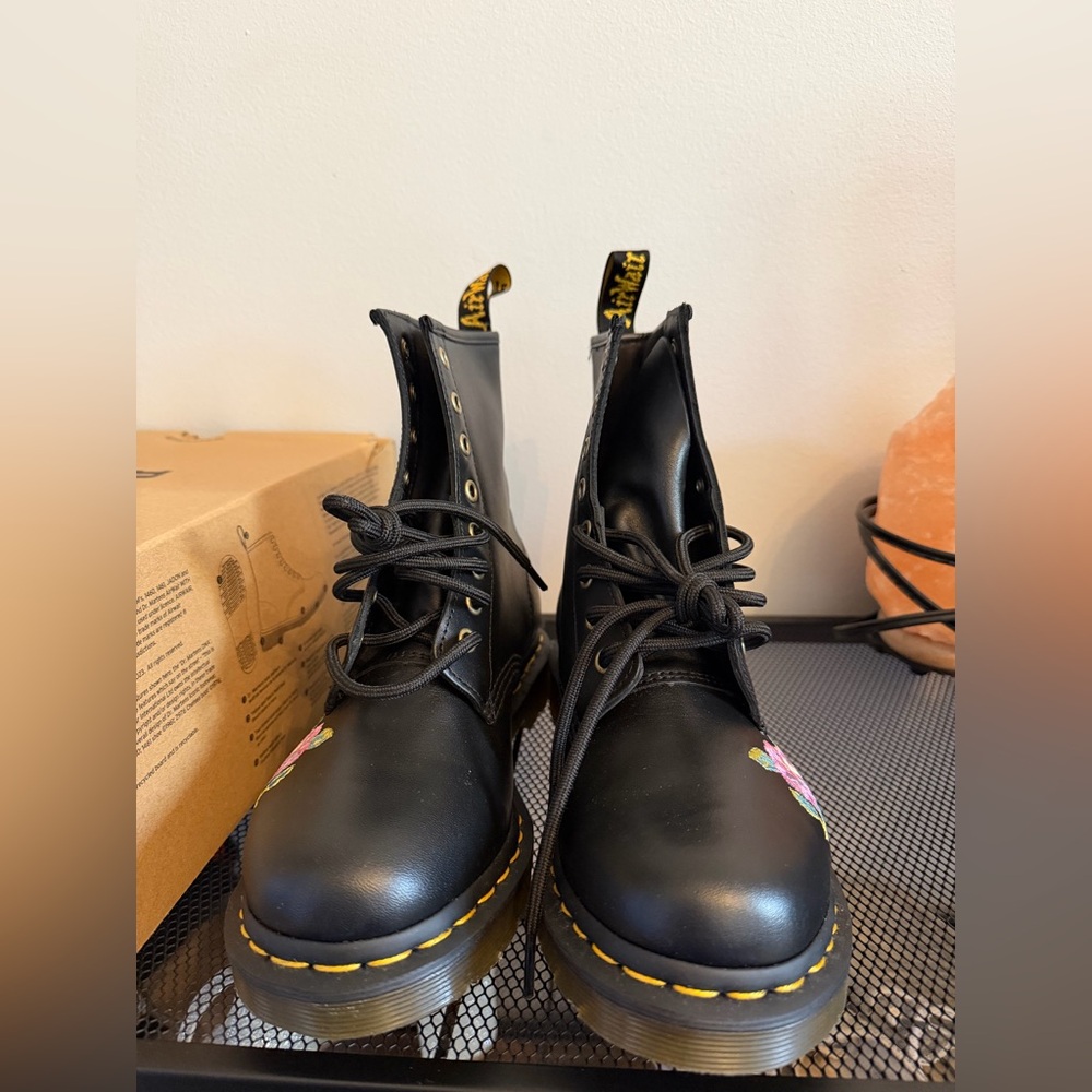 Dr. Martens Black Leather 1460 Vonda II Boots with Pink Floral Embroidery - Picture 8 of 11